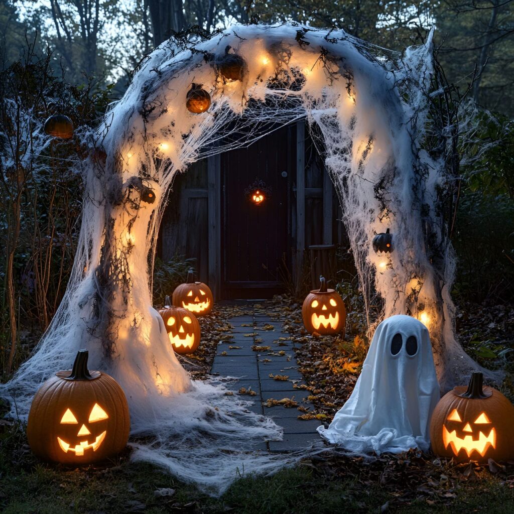 13. Creepy Cobwebbed Entrance with Hanging Ghost Decorations