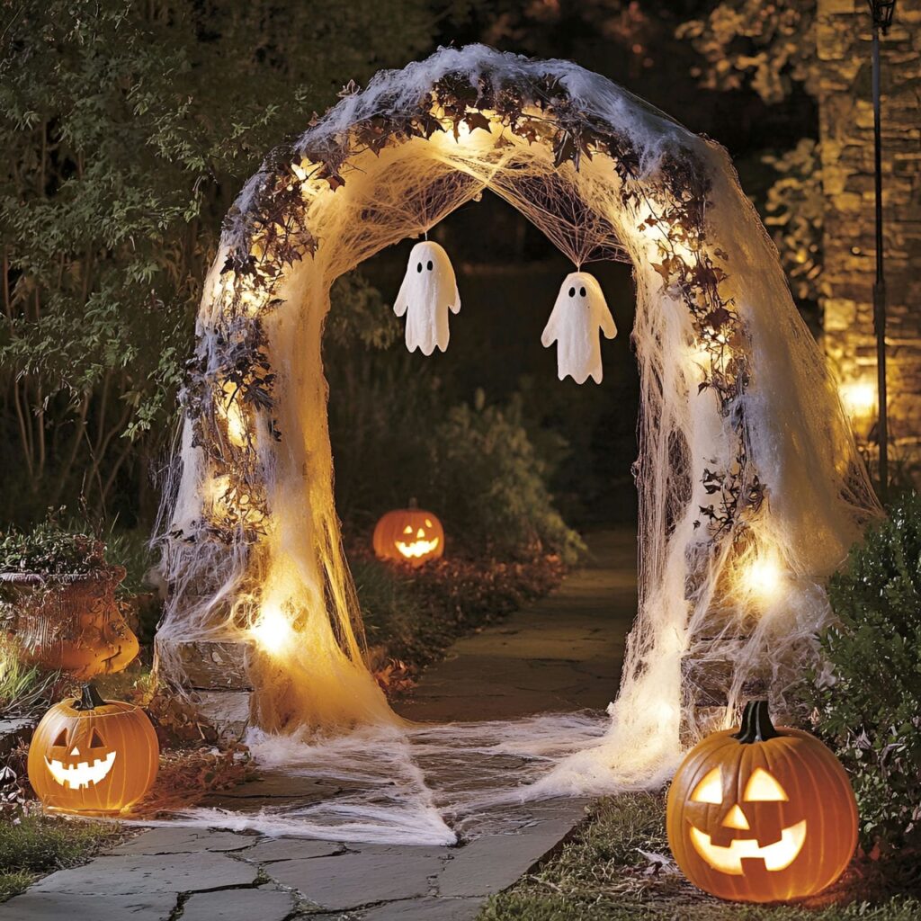 13. Creepy Cobwebbed Entrance with Hanging Ghost Decorations