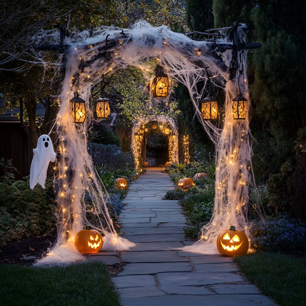 13. Creepy Cobwebbed Entrance with Hanging Ghost Decorations