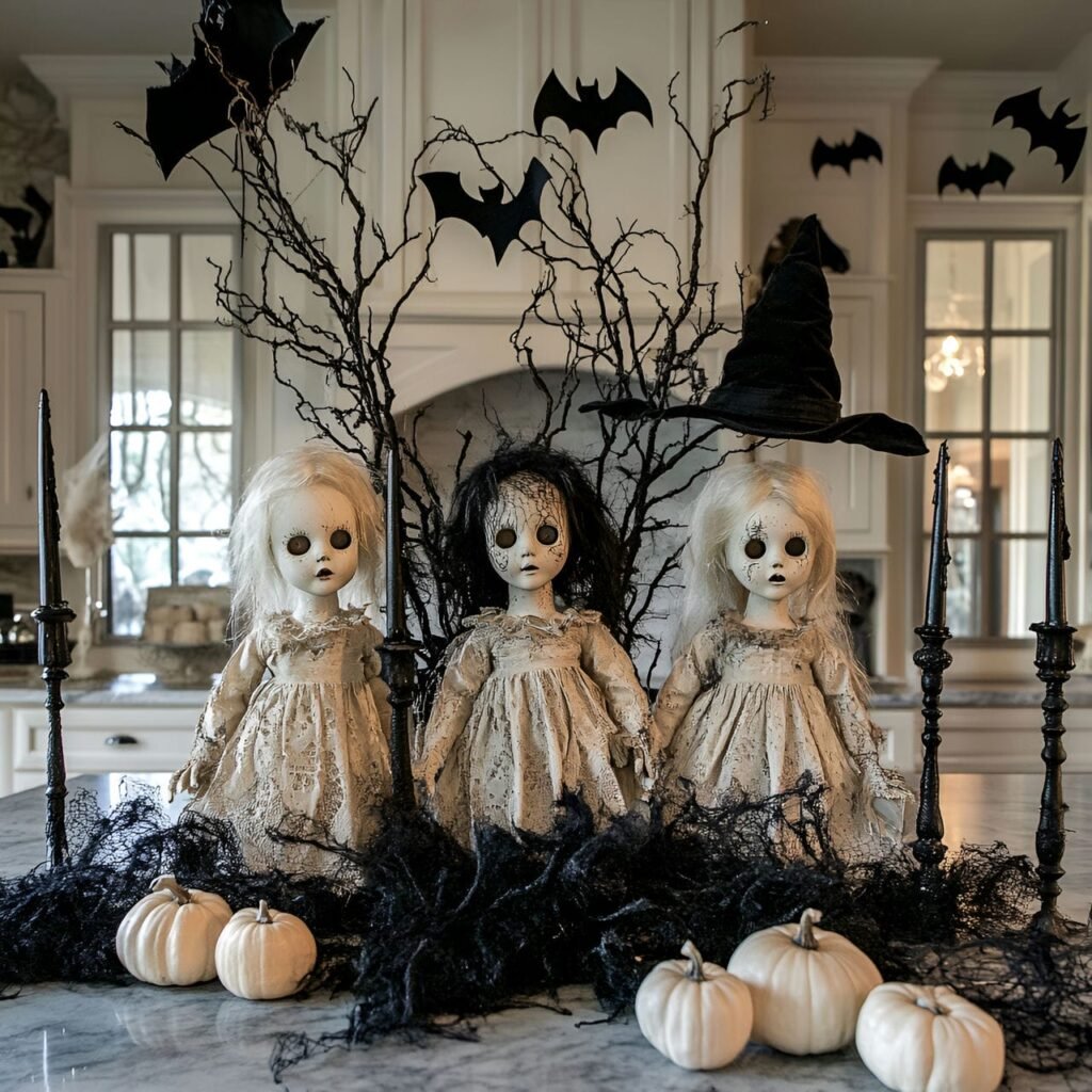 04. Creepy Doll Centerpiece on Kitchen Island with Black Candles