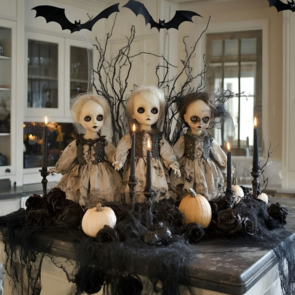 04. Creepy Doll Centerpiece on Kitchen Island with Black Candles