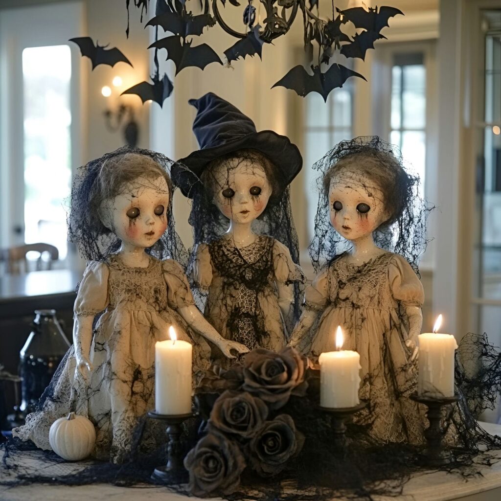 04. Creepy Doll Centerpiece on Kitchen Island with Black Candles