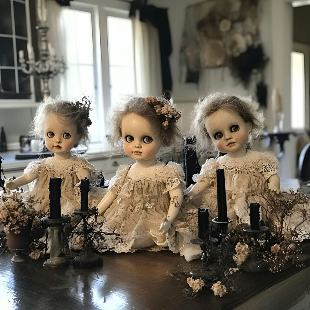 04. Creepy Doll Centerpiece on Kitchen Island with Black Candles