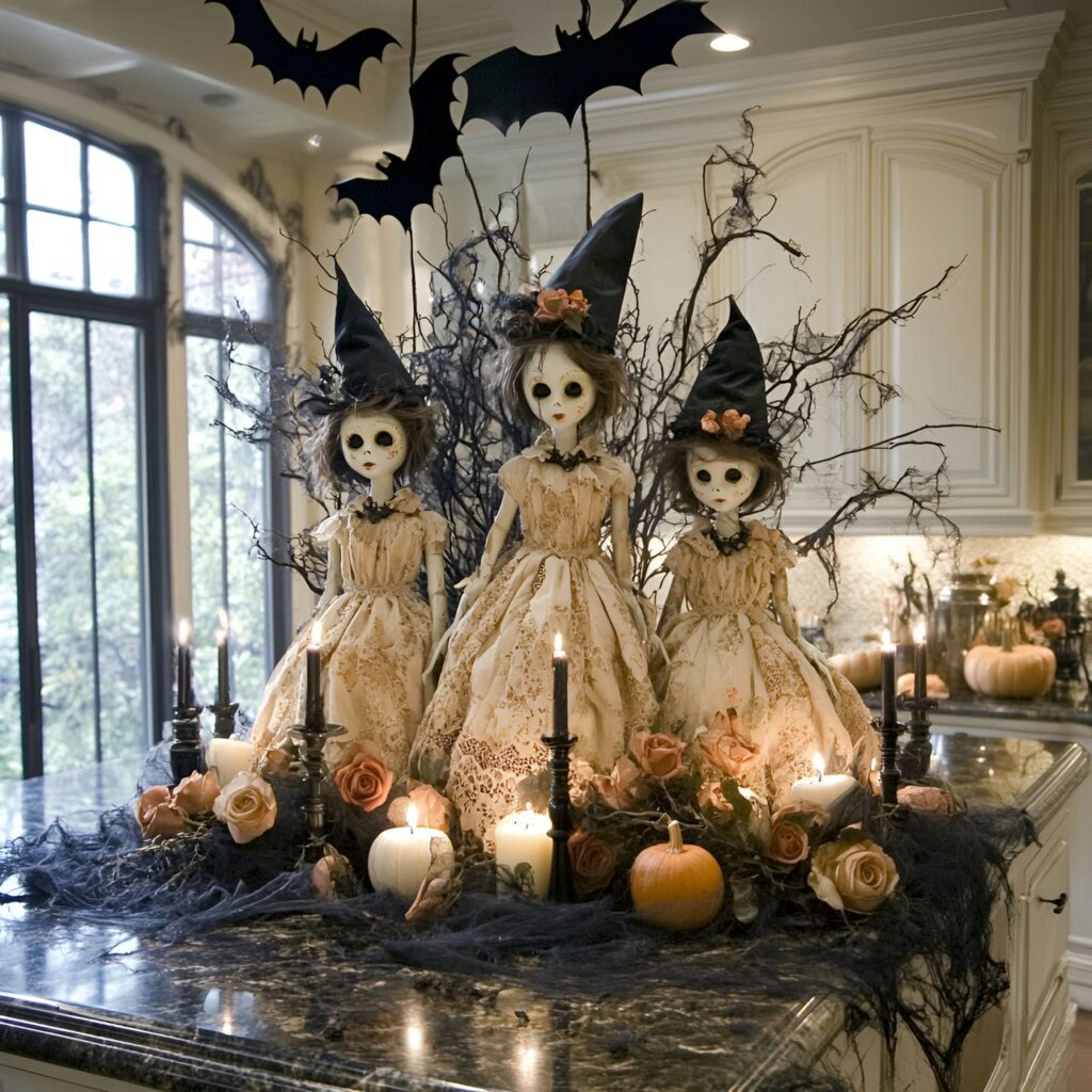 04. Creepy Doll Centerpiece on Kitchen Island with Black Candles