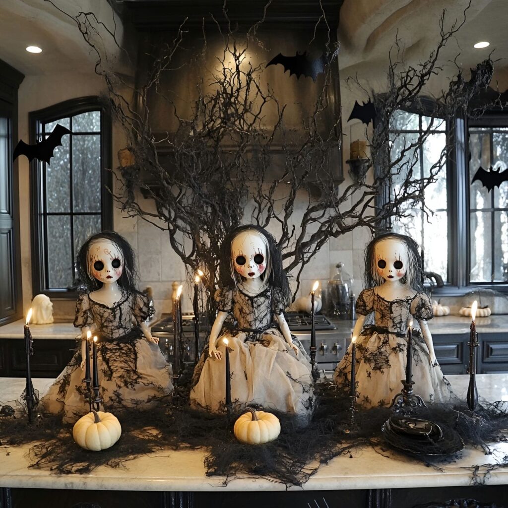 04. Creepy Doll Centerpiece on Kitchen Island with Black Candles