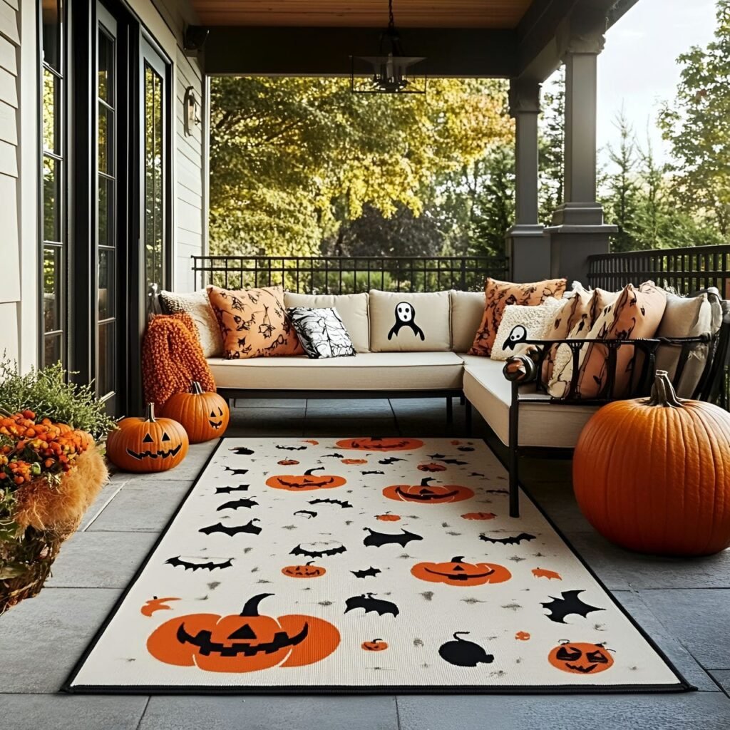 13. Creepy Outdoor Rug with Ghost and Pumpkin Designs