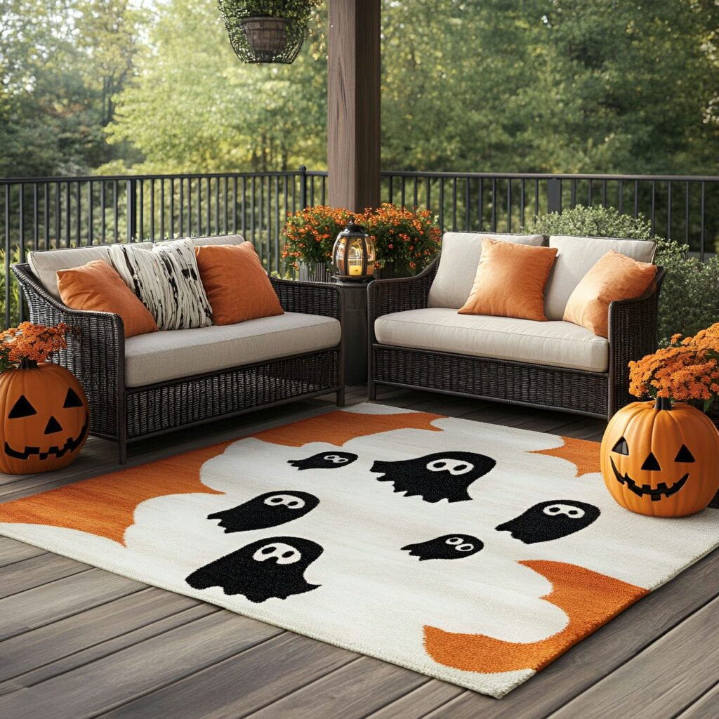 13. Creepy Outdoor Rug with Ghost and Pumpkin Designs