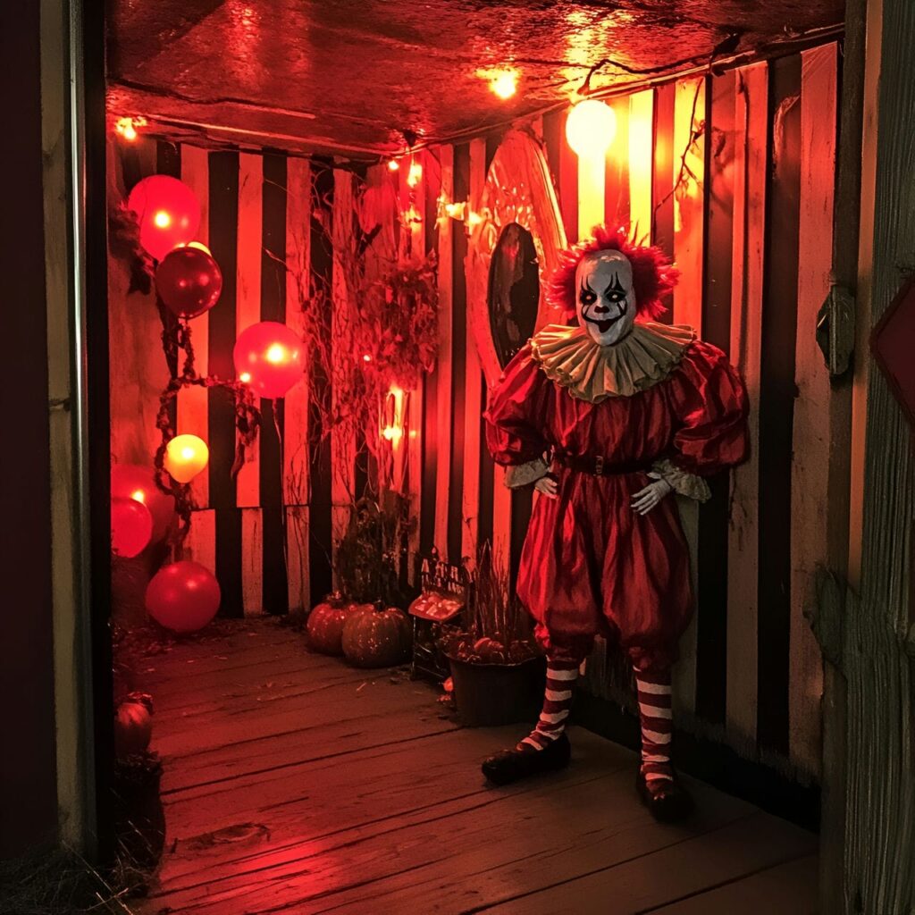 09. Creepy Clown Garage with Circus Stripes and Red Balloons