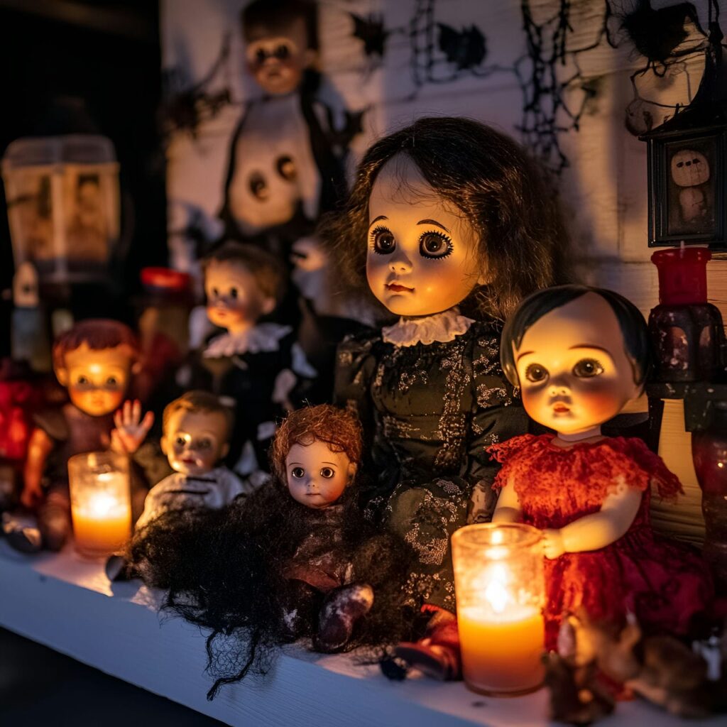 15. Creepy Doll Garage with Vintage Dolls and Flickering Candles