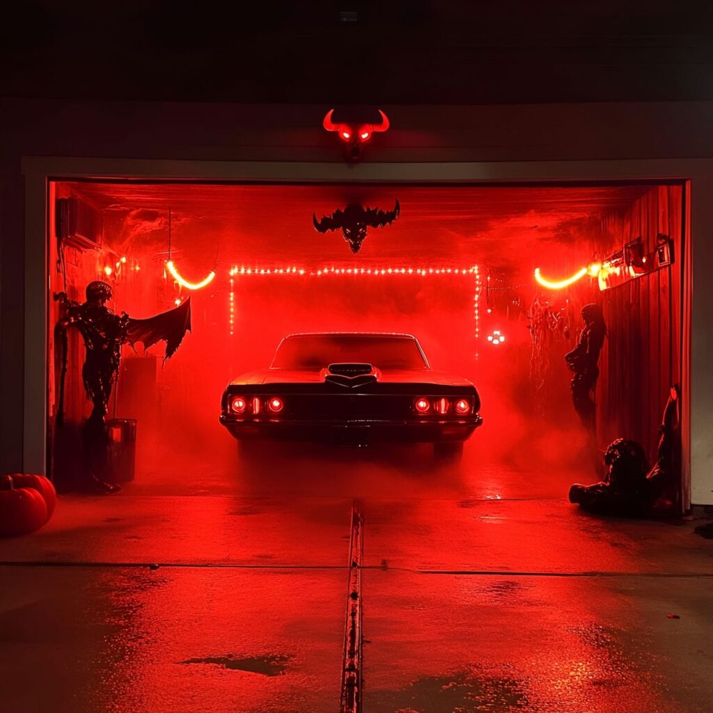 16. Devil’s Gate Garage with Fire Decals and Horned Figures