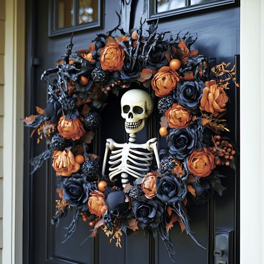 14. Eerie Entrance Wreath with Skeletons and Flowers