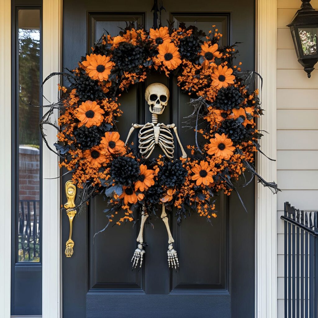 14. Eerie Entrance Wreath with Skeletons and Flowers