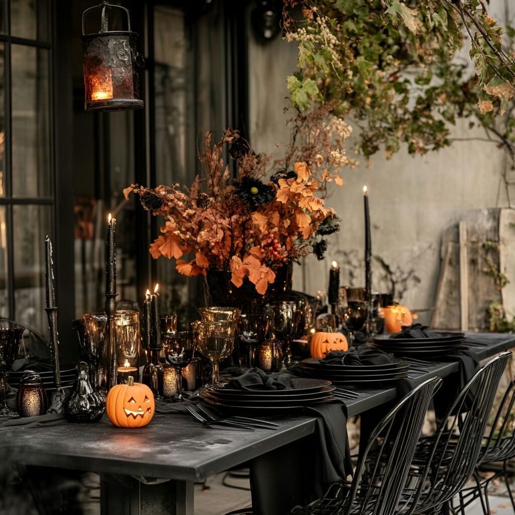 26. Eerie Table Setting with Black and Orange Tableware