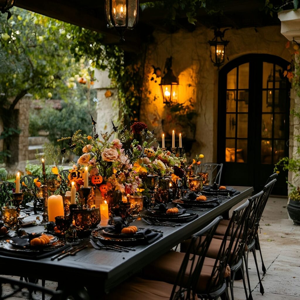 26. Eerie Table Setting with Black and Orange Tableware