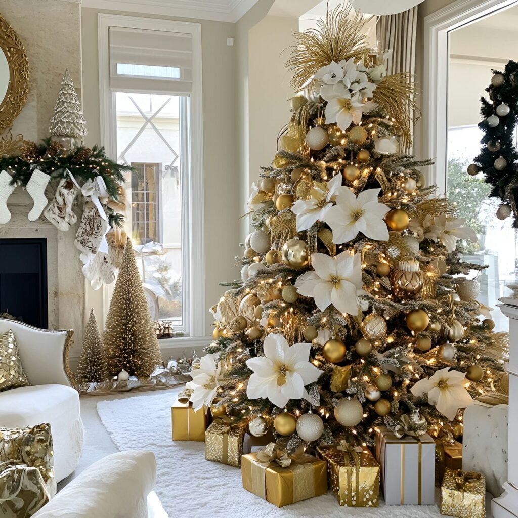 27. Elegant Gold & Glam Tree with Floral Accents