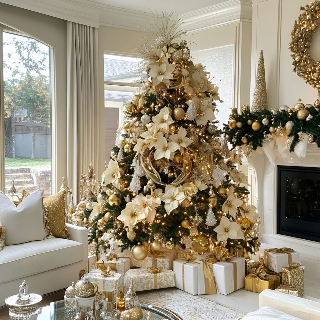 27. Elegant Gold & Glam Tree with Floral Accents