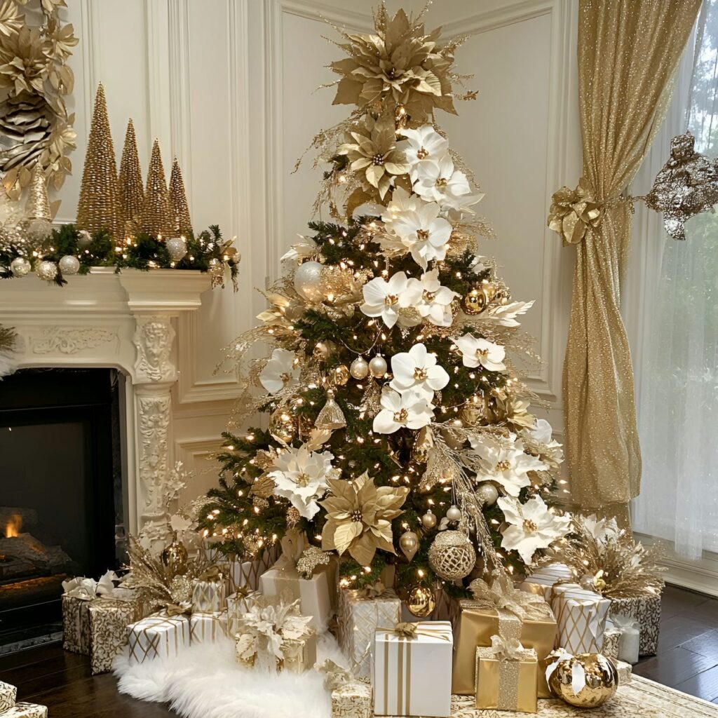 27. Elegant Gold & Glam Tree with Floral Accents