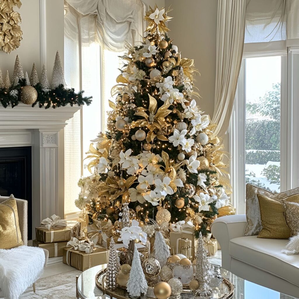 27. Elegant Gold & Glam Tree with Floral Accents