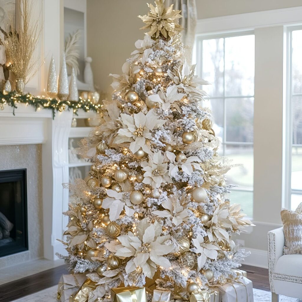 27. Elegant Gold & Glam Tree with Floral Accents