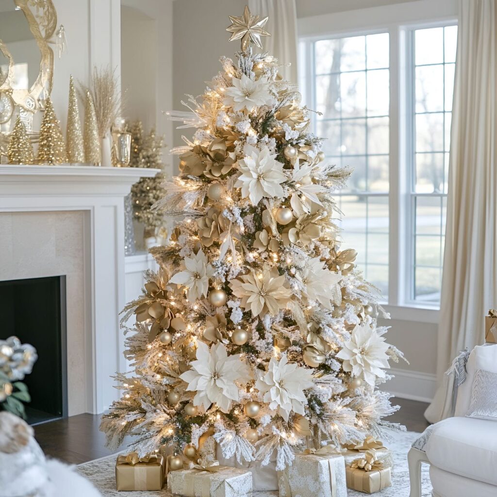 27. Elegant Gold & Glam Tree with Floral Accents