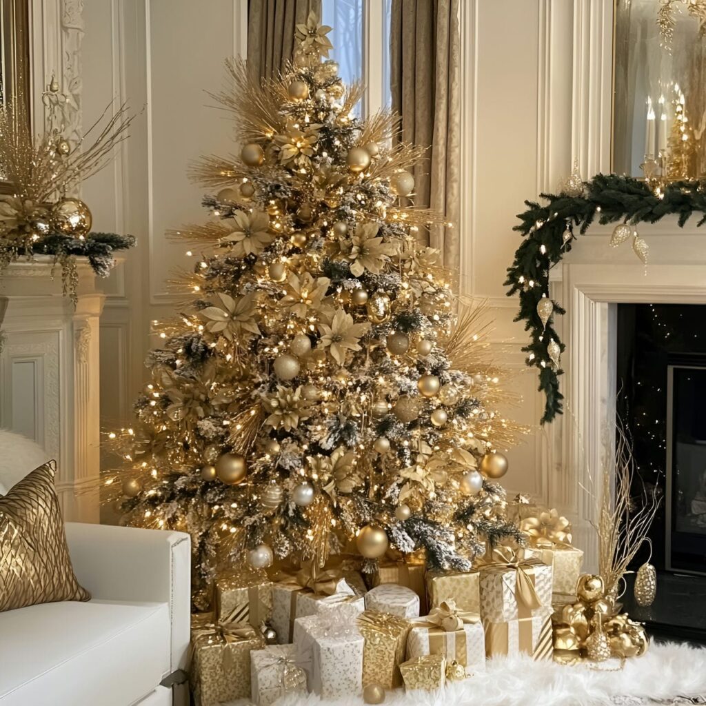 27. Elegant Gold & Glam Tree with Floral Accents