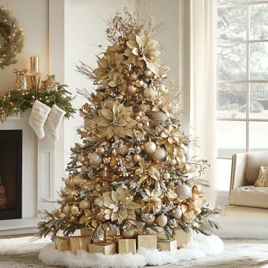 27. Elegant Gold & Glam Tree with Floral Accents