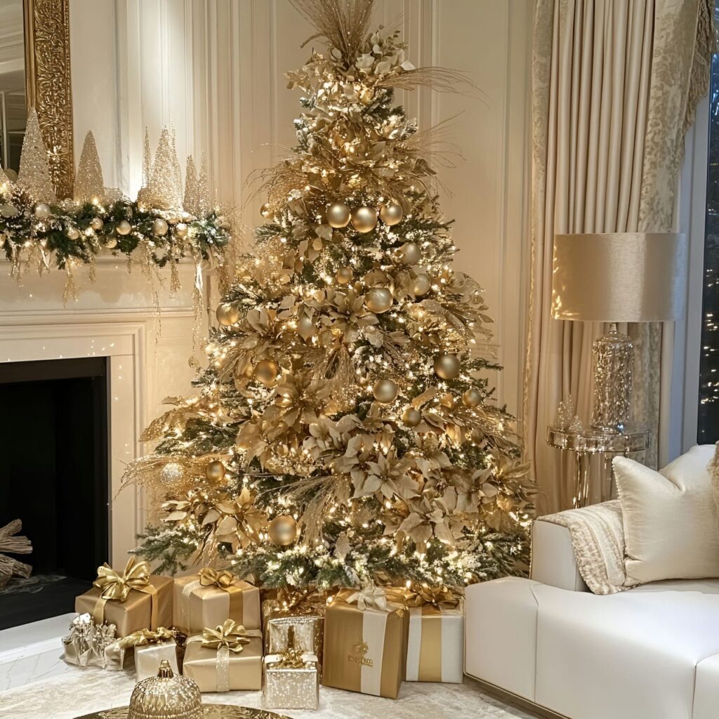 27. Elegant Gold & Glam Tree with Floral Accents