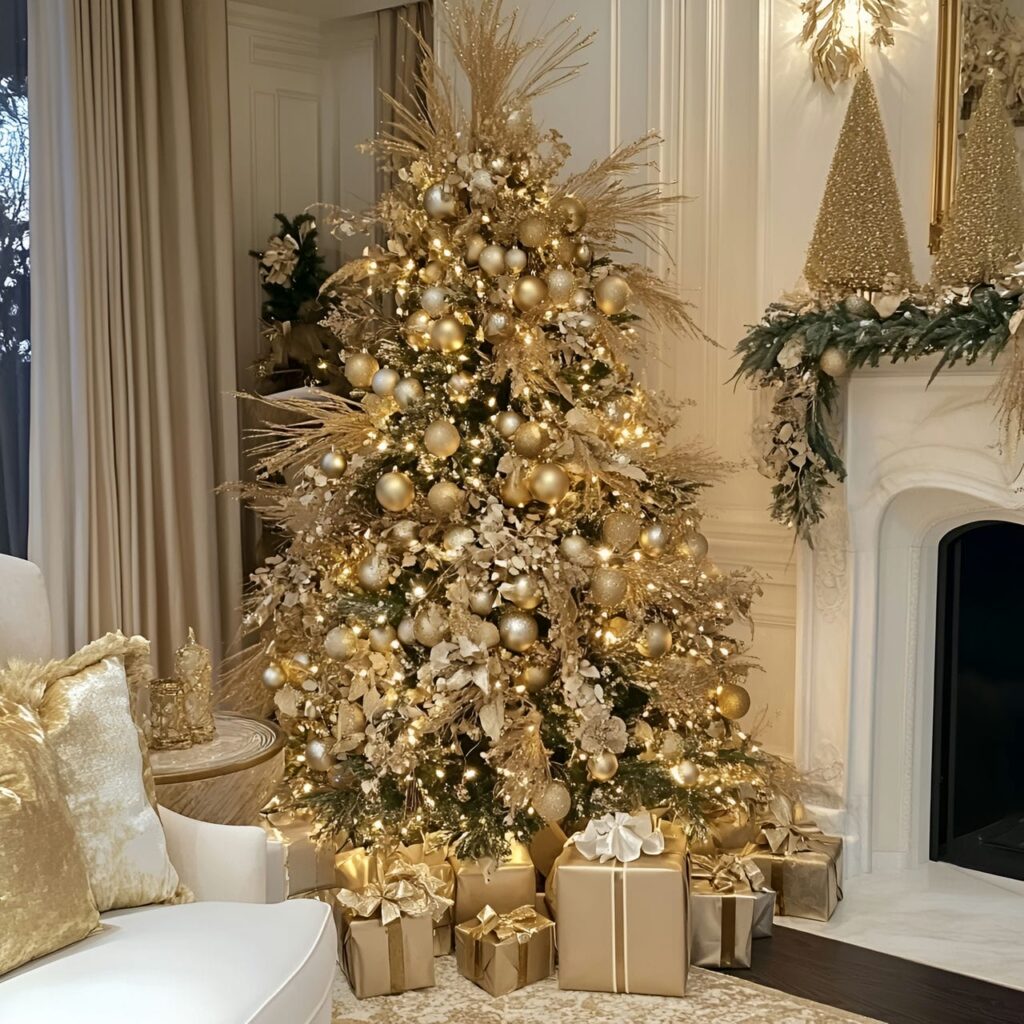 27. Elegant Gold & Glam Tree with Floral Accents