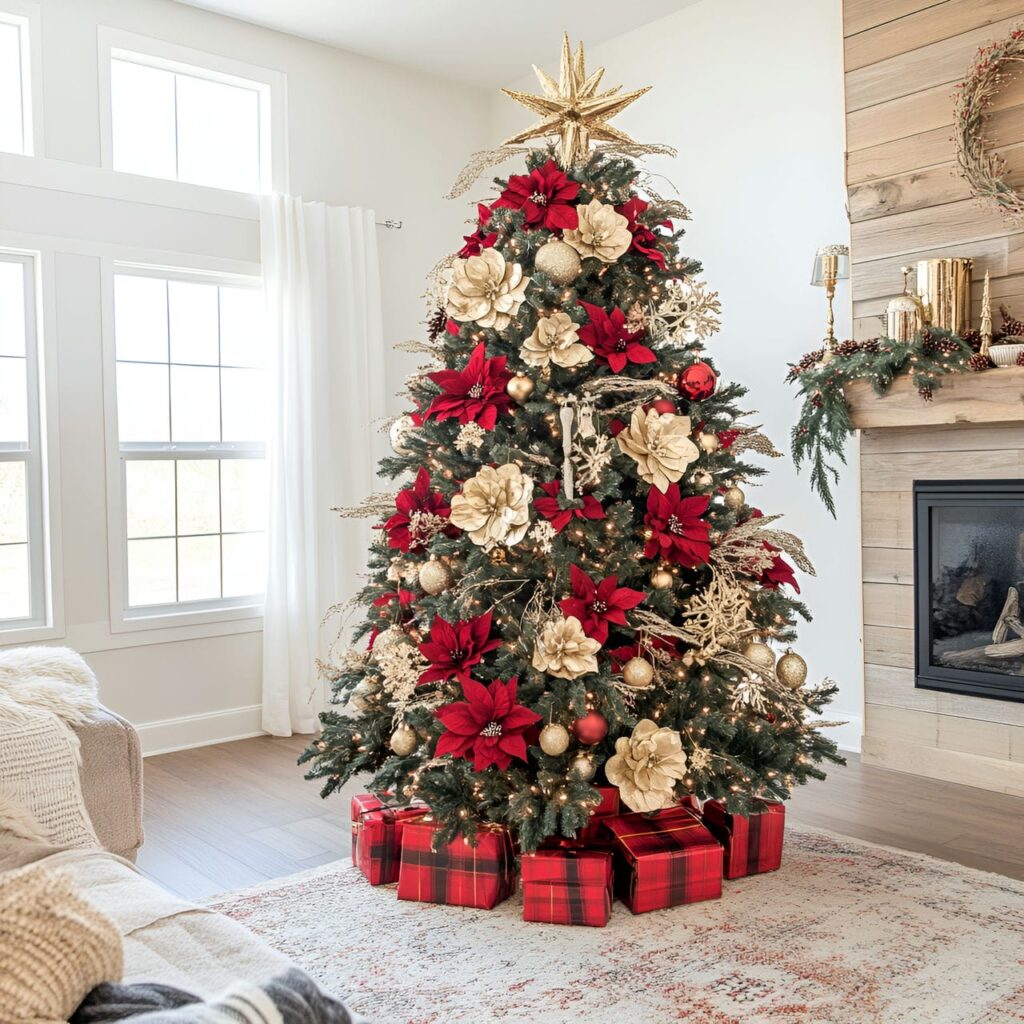 19. Elegant Red Plaid Christmas Tree with Gold and Velvet Accents