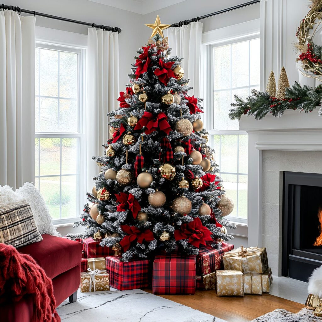 19. Elegant Red Plaid Christmas Tree with Gold and Velvet Accents