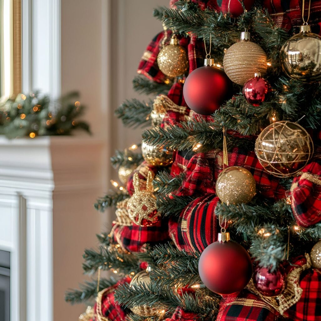 19. Elegant Red Plaid Christmas Tree with Gold and Velvet Accents