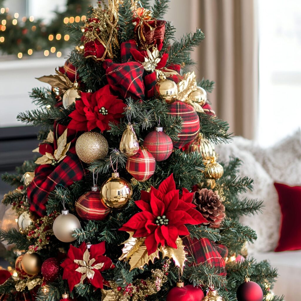 19. Elegant Red Plaid Christmas Tree with Gold and Velvet Accents