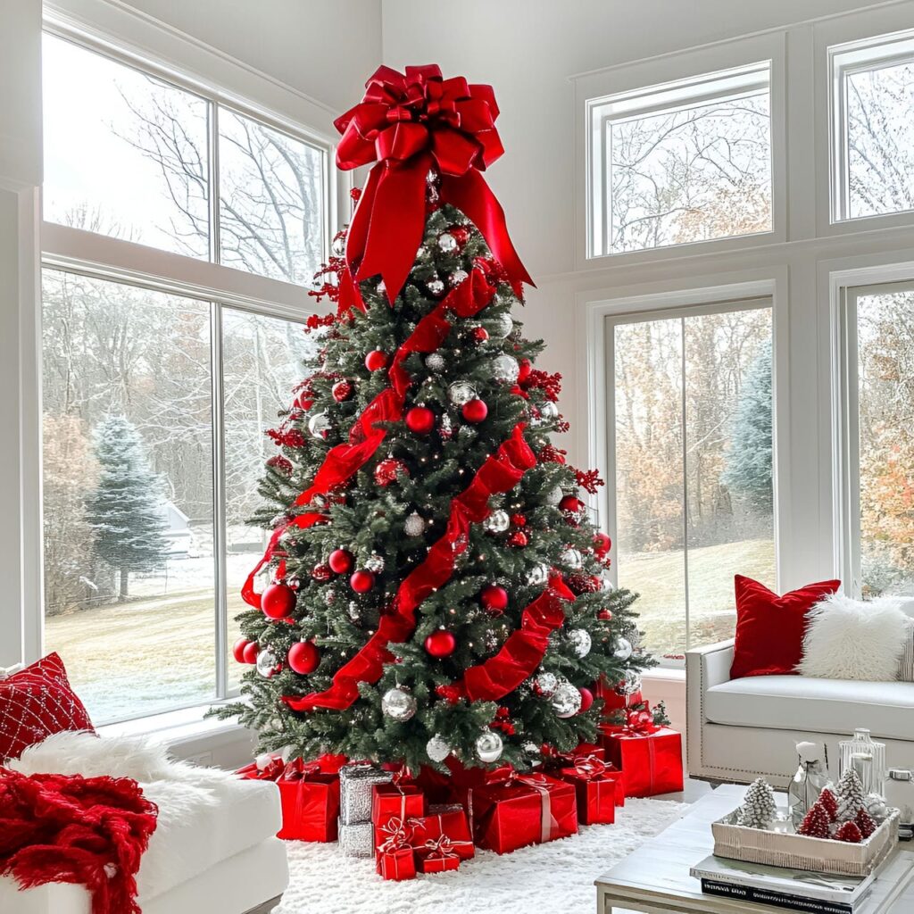 16. Elegant Red Satin Bow and Garland with Silver Ornaments