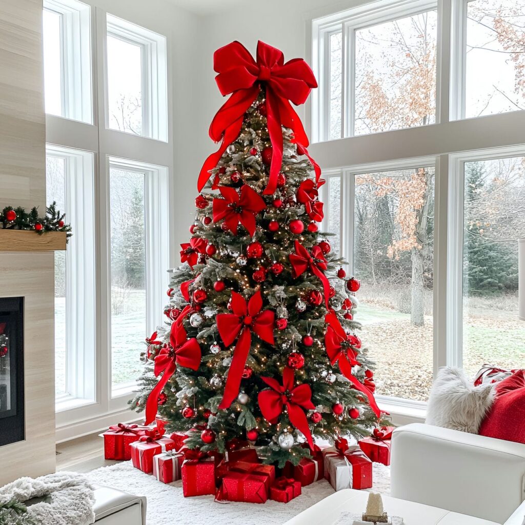 16. Elegant Red Satin Bow and Garland with Silver Ornaments