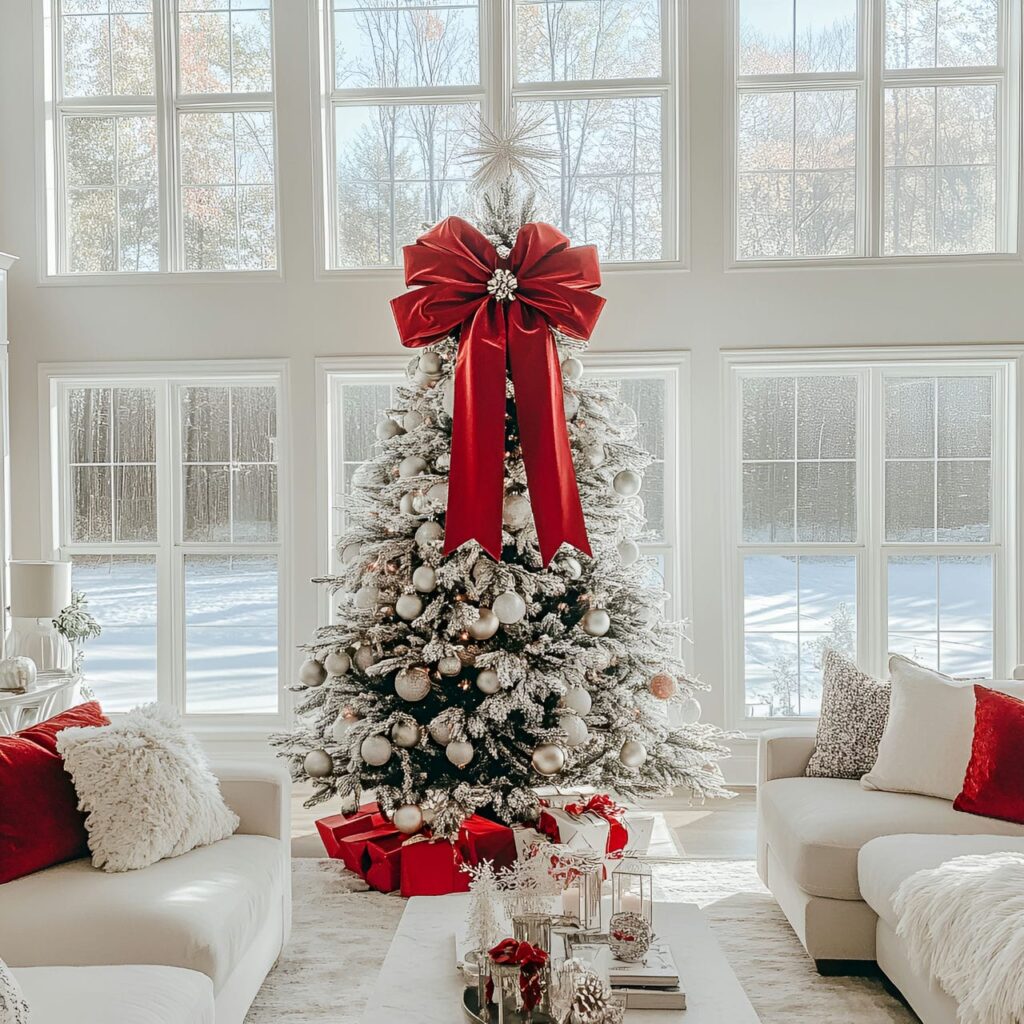 16. Elegant Red Satin Bow and Garland with Silver Ornaments