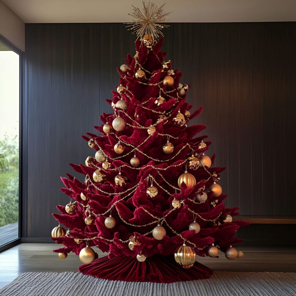 01. Elegant Red Velvet Tree With Golden Ornaments and Garlands