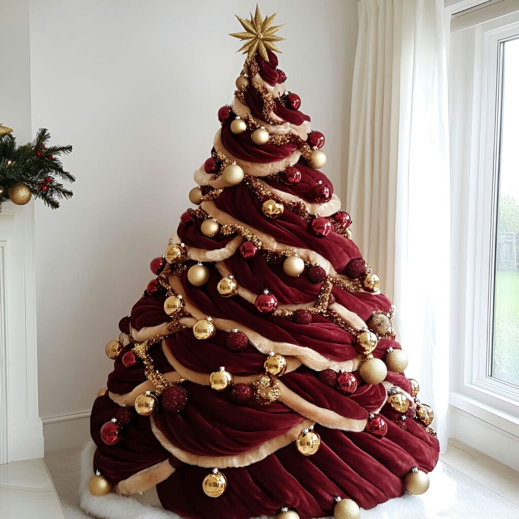 01. Elegant Red Velvet Tree With Golden Ornaments and Garlands