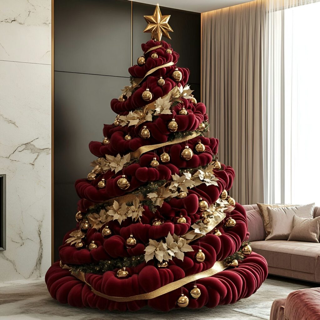 01. Elegant Red Velvet Tree With Golden Ornaments and Garlands