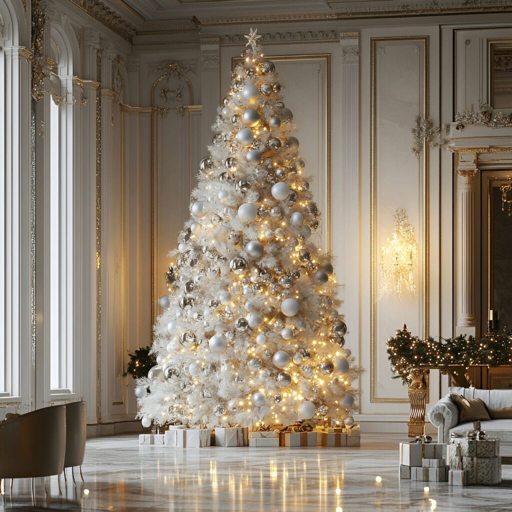 01. Elegant White & Silver Tree with Shimmering Ornaments