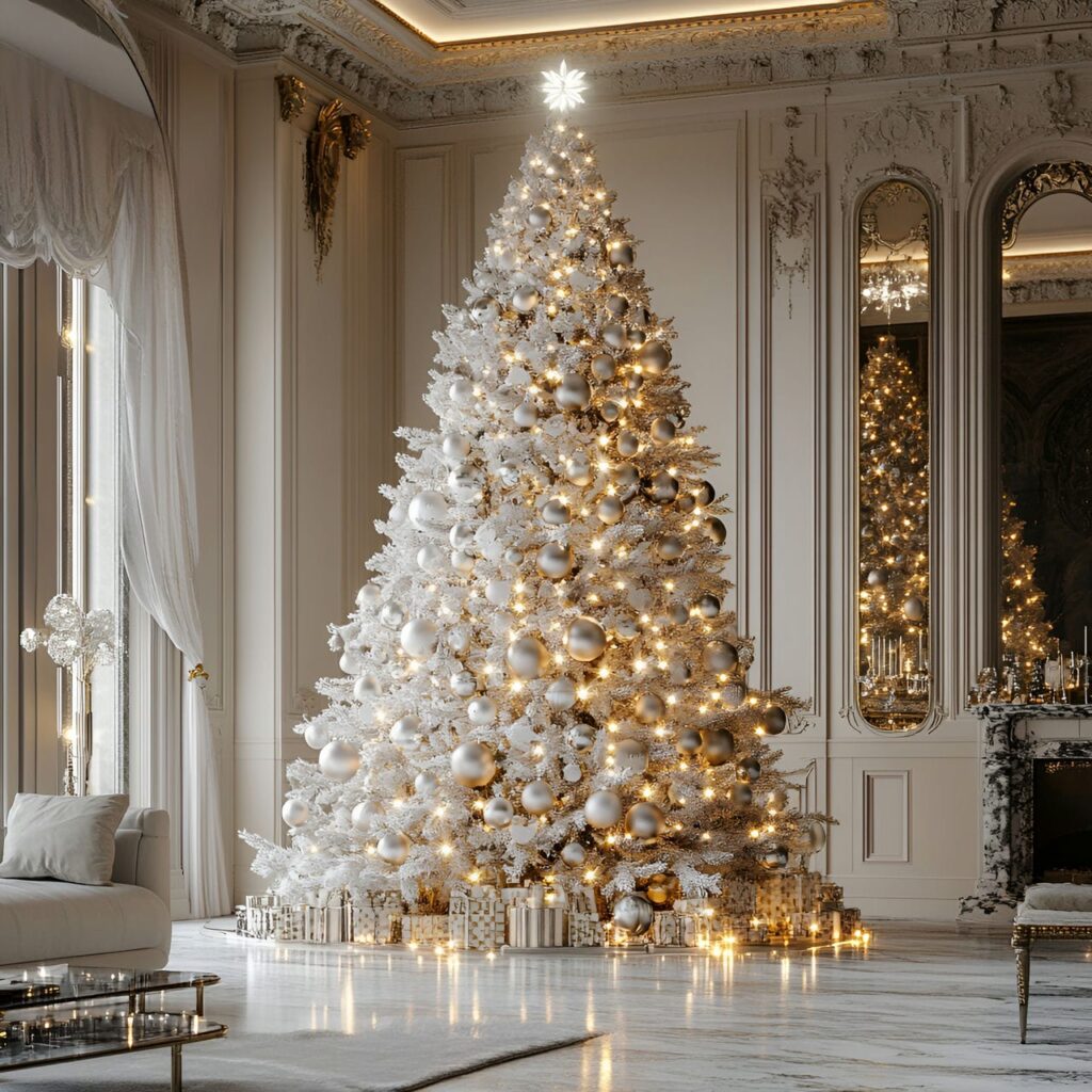 01. Elegant White & Silver Tree with Shimmering Ornaments