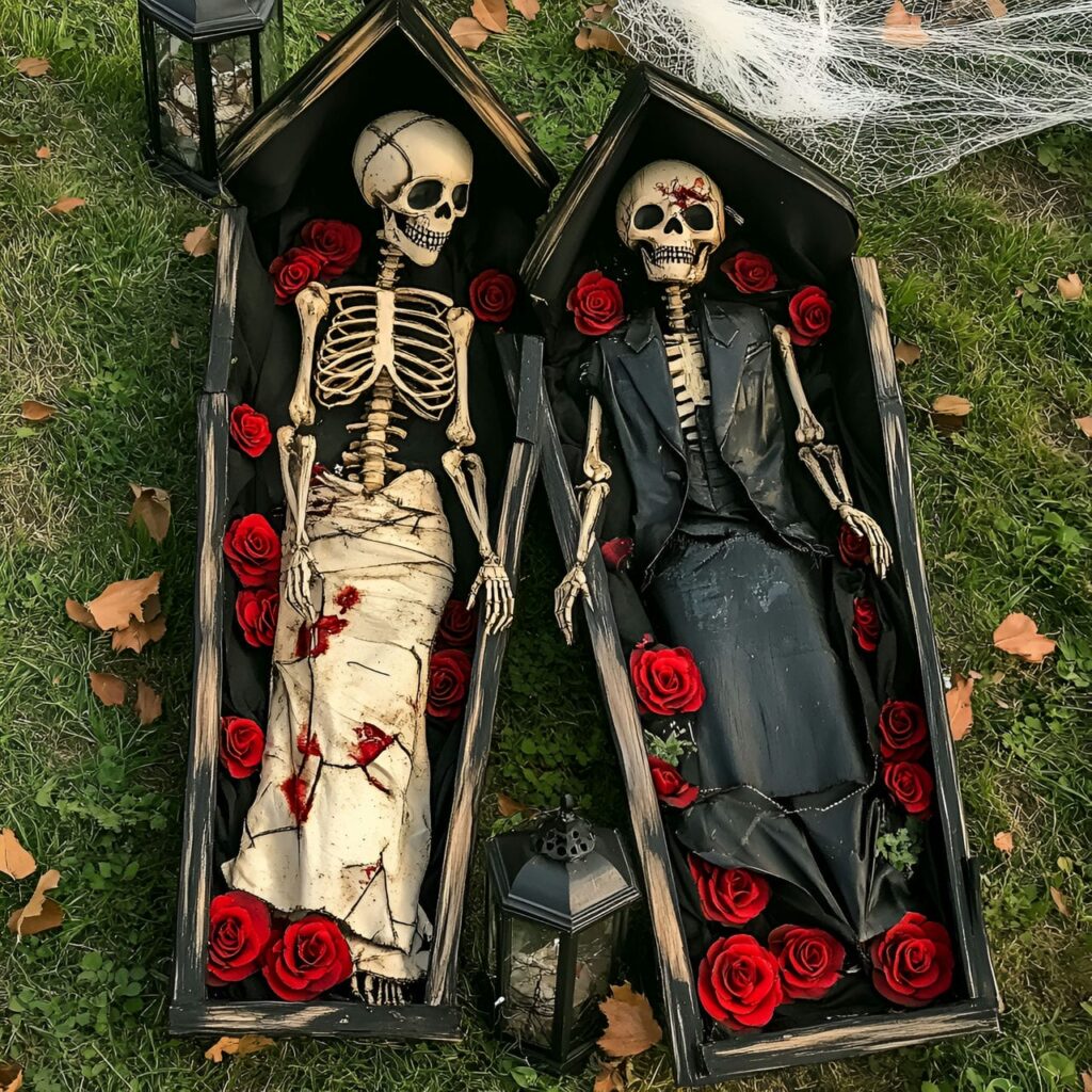 10. Enchanted Skeleton Wedding Scene with Coffins and Lanterns