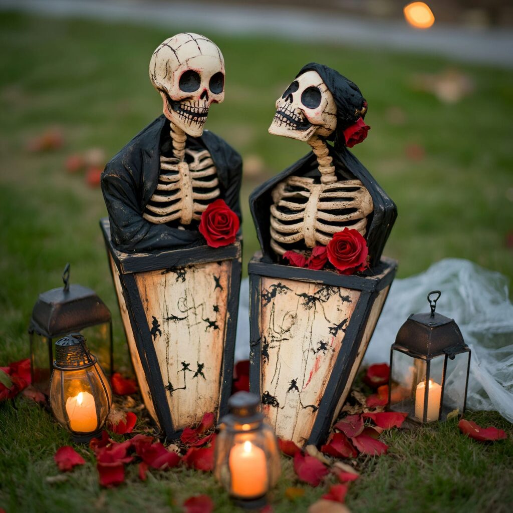 10. Enchanted Skeleton Wedding Scene with Coffins and Lanterns