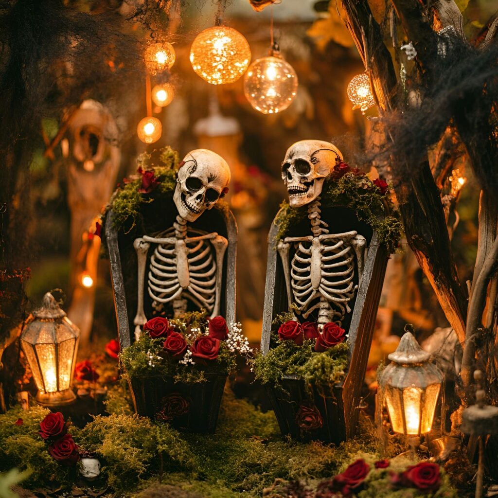 10. Enchanted Skeleton Wedding Scene with Coffins and Lanterns