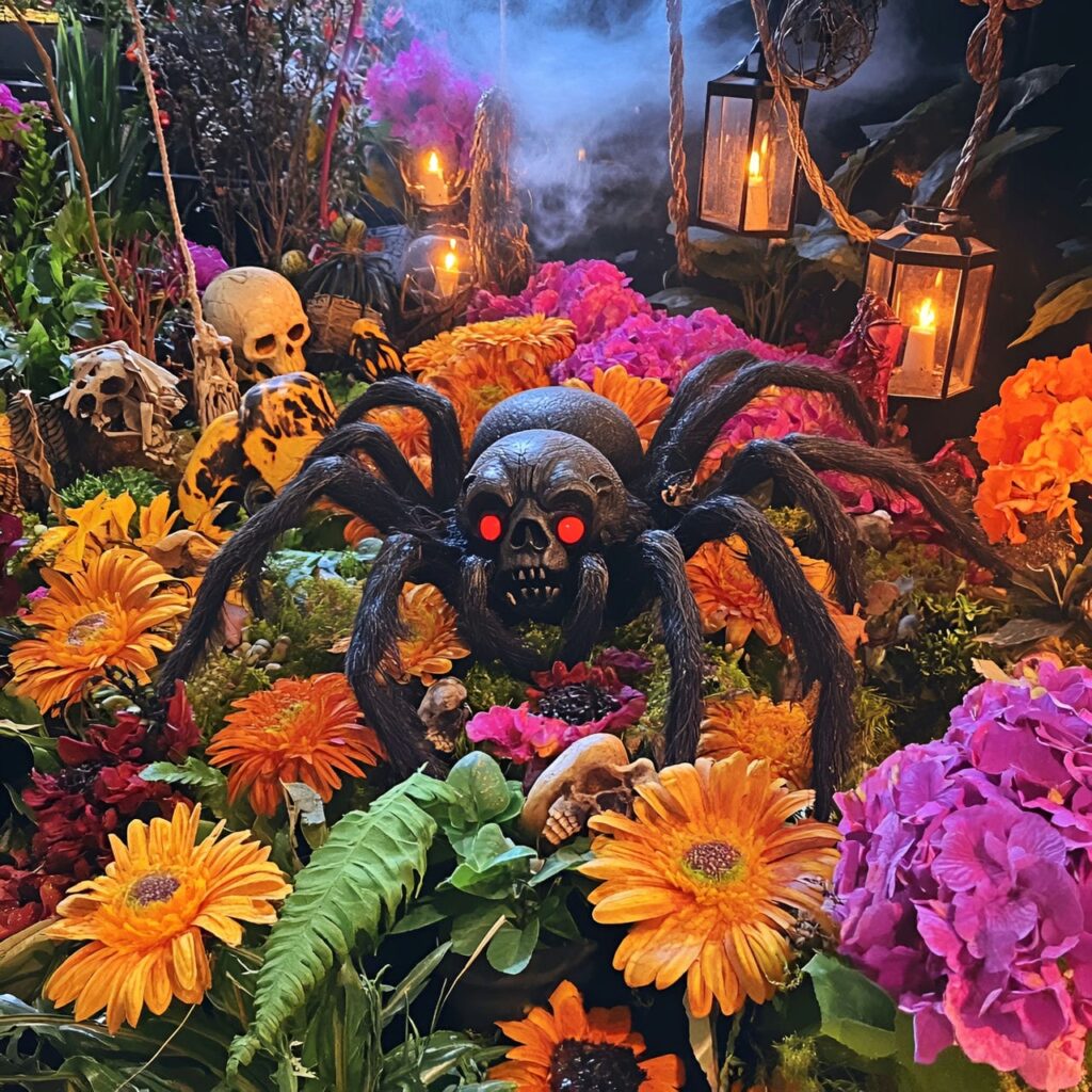 12. Enchanted Spider Garden with LED Flowers and Fake Snakes