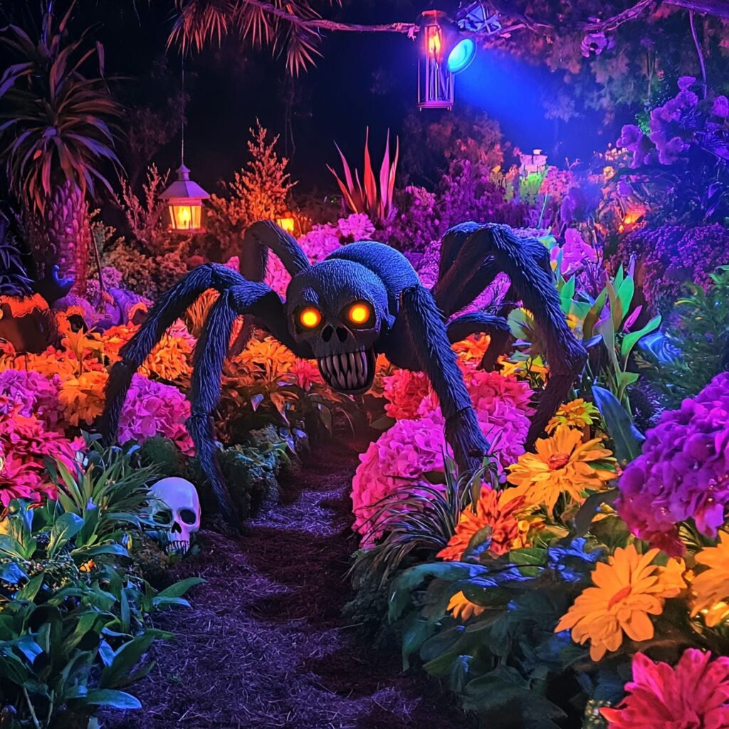 12. Enchanted Spider Garden with LED Flowers and Fake Snakes