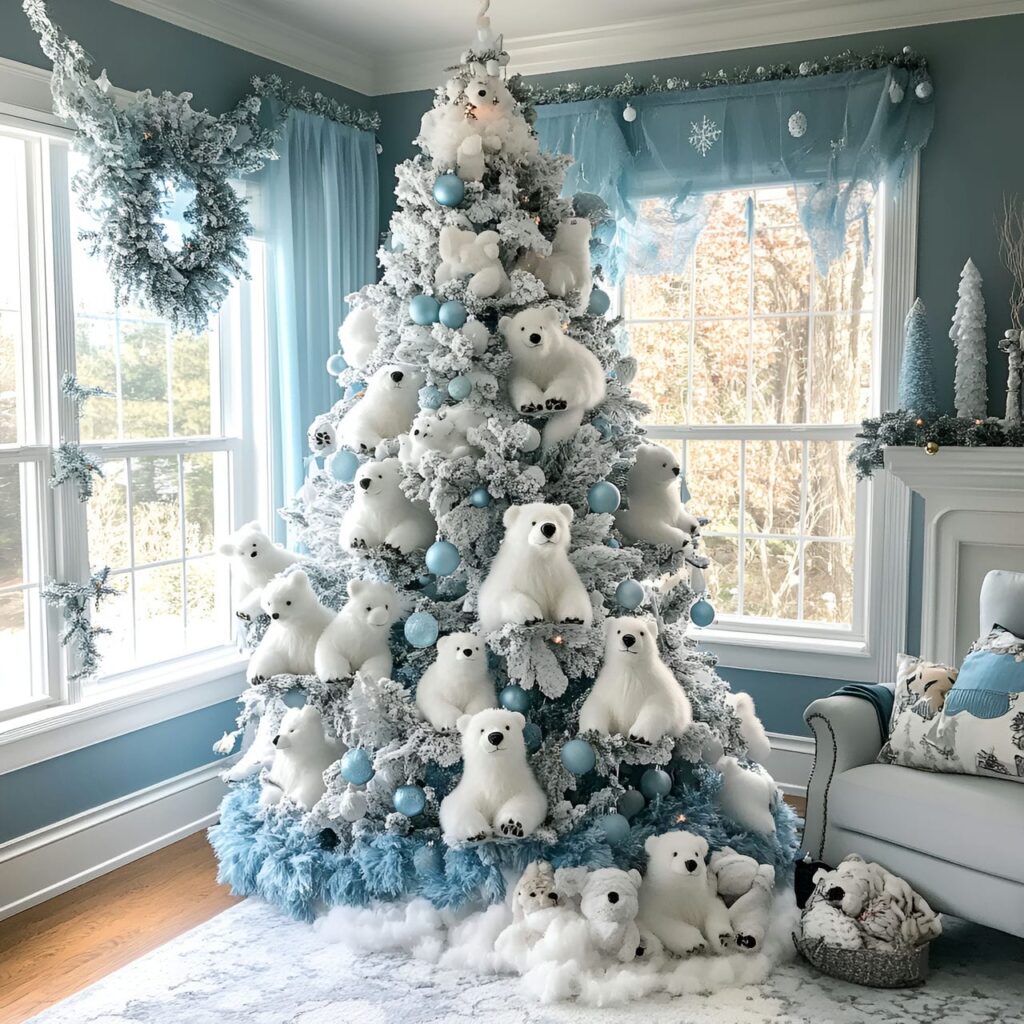 09. Festive Polar Bear Tree With Snowy Branches and Icy Garlands