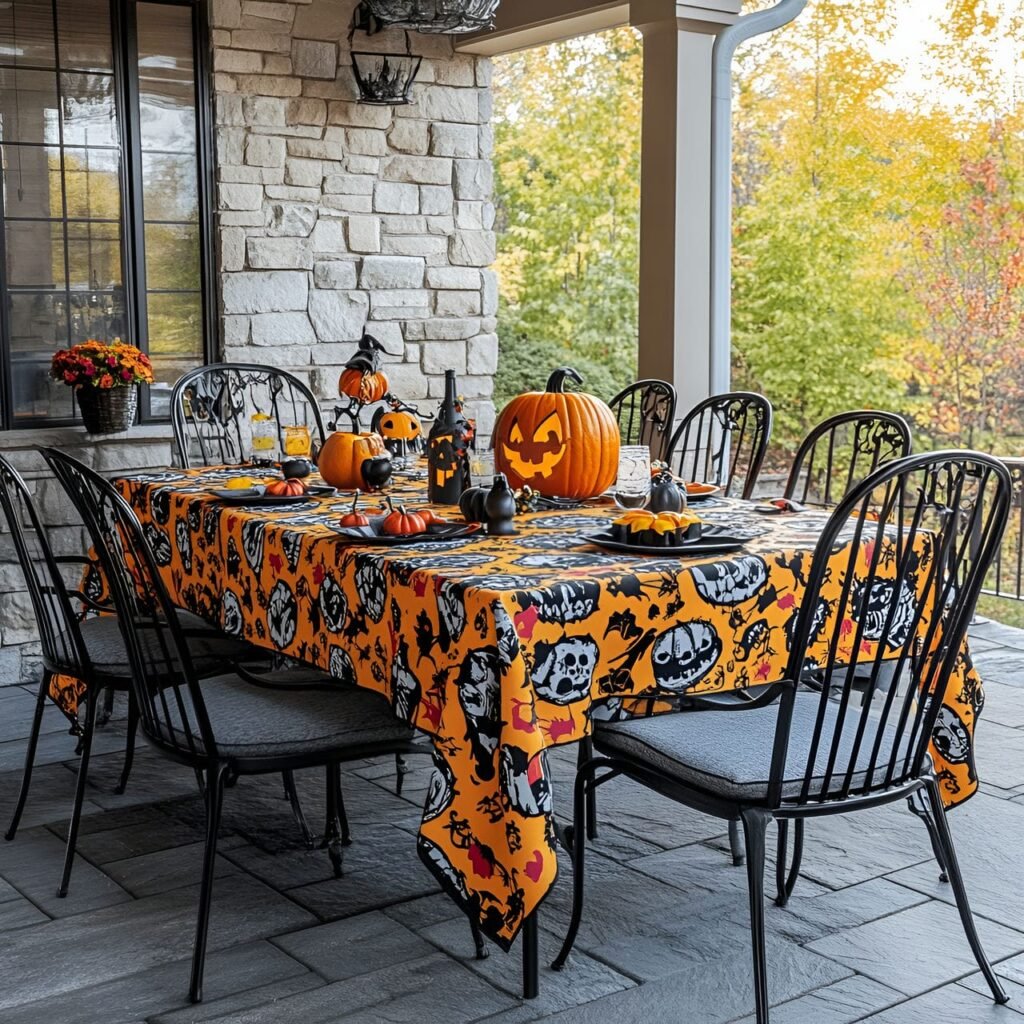 15. Festive Tablecloth with Bold Colors and Spooky Patterns