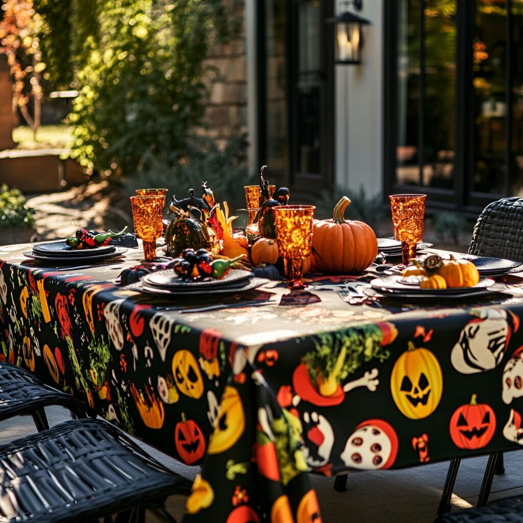 15. Festive Tablecloth with Bold Colors and Spooky Patterns