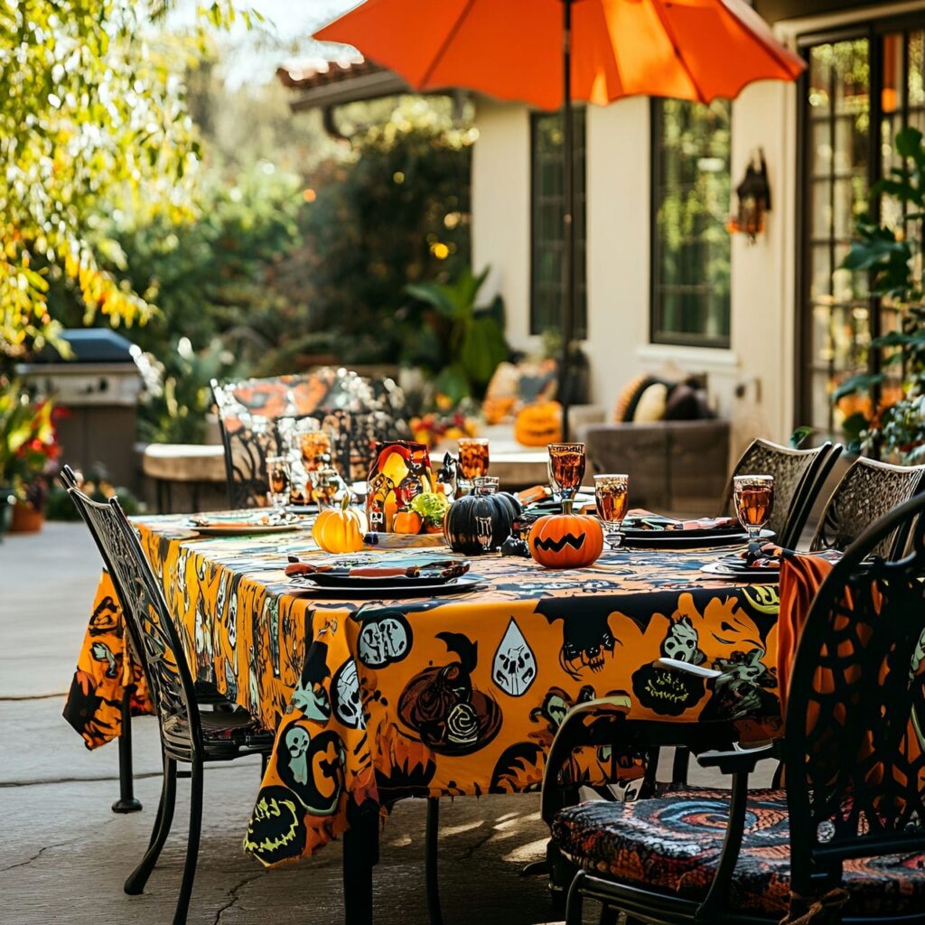 15. Festive Tablecloth with Bold Colors and Spooky Patterns