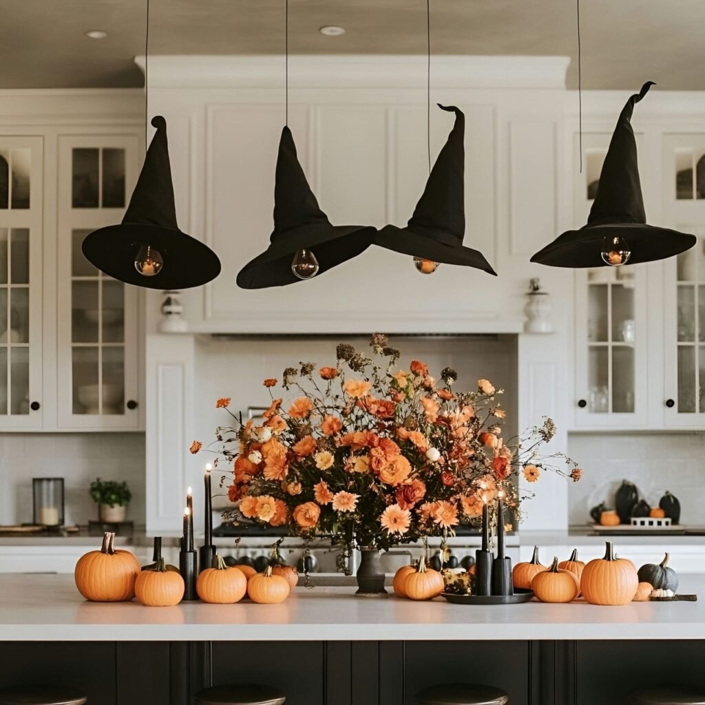 03. Floating Witch Hat Display with Black Candles and Cobwebs